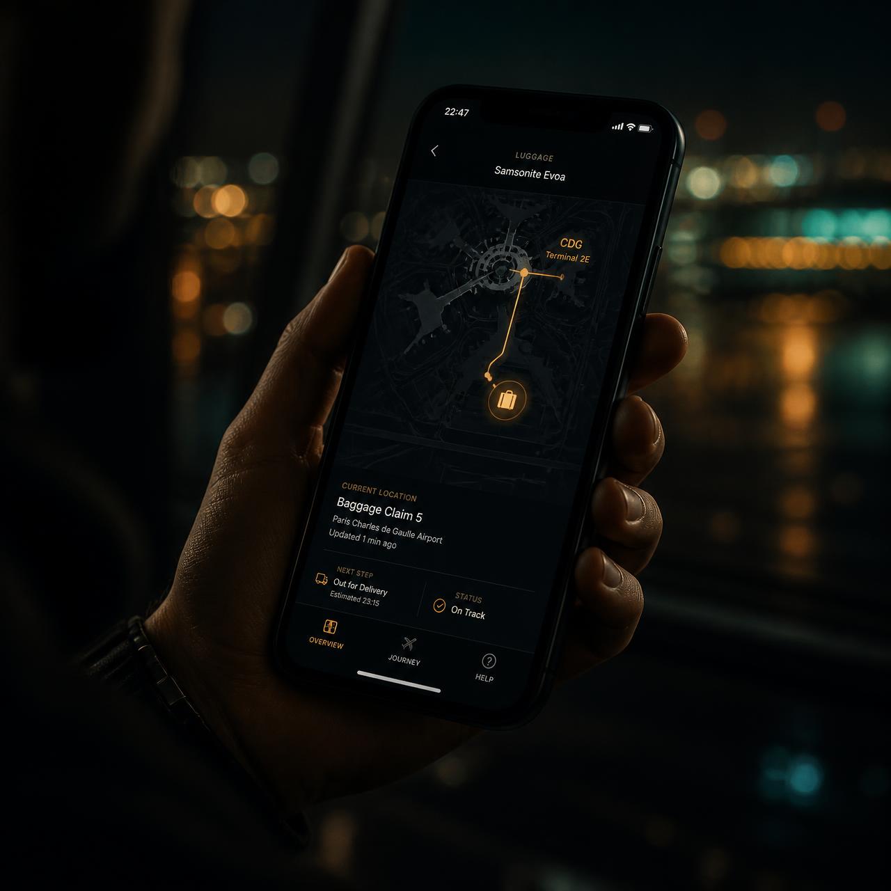A phone showing BagFloat live tracking interface