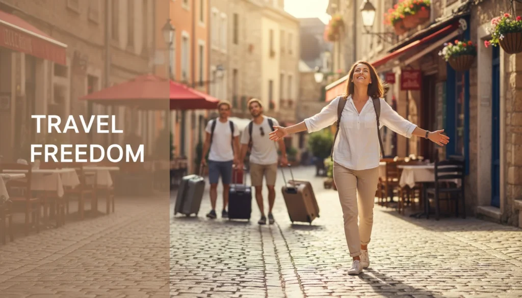 1. Hero Traveler exploring a European street freely without carrying heavy luggage after using luggage storage.