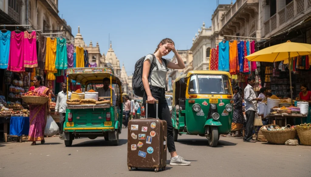 1. Hero section - Traveler with suitcase in a busy Indian street looking for luggage storage options.